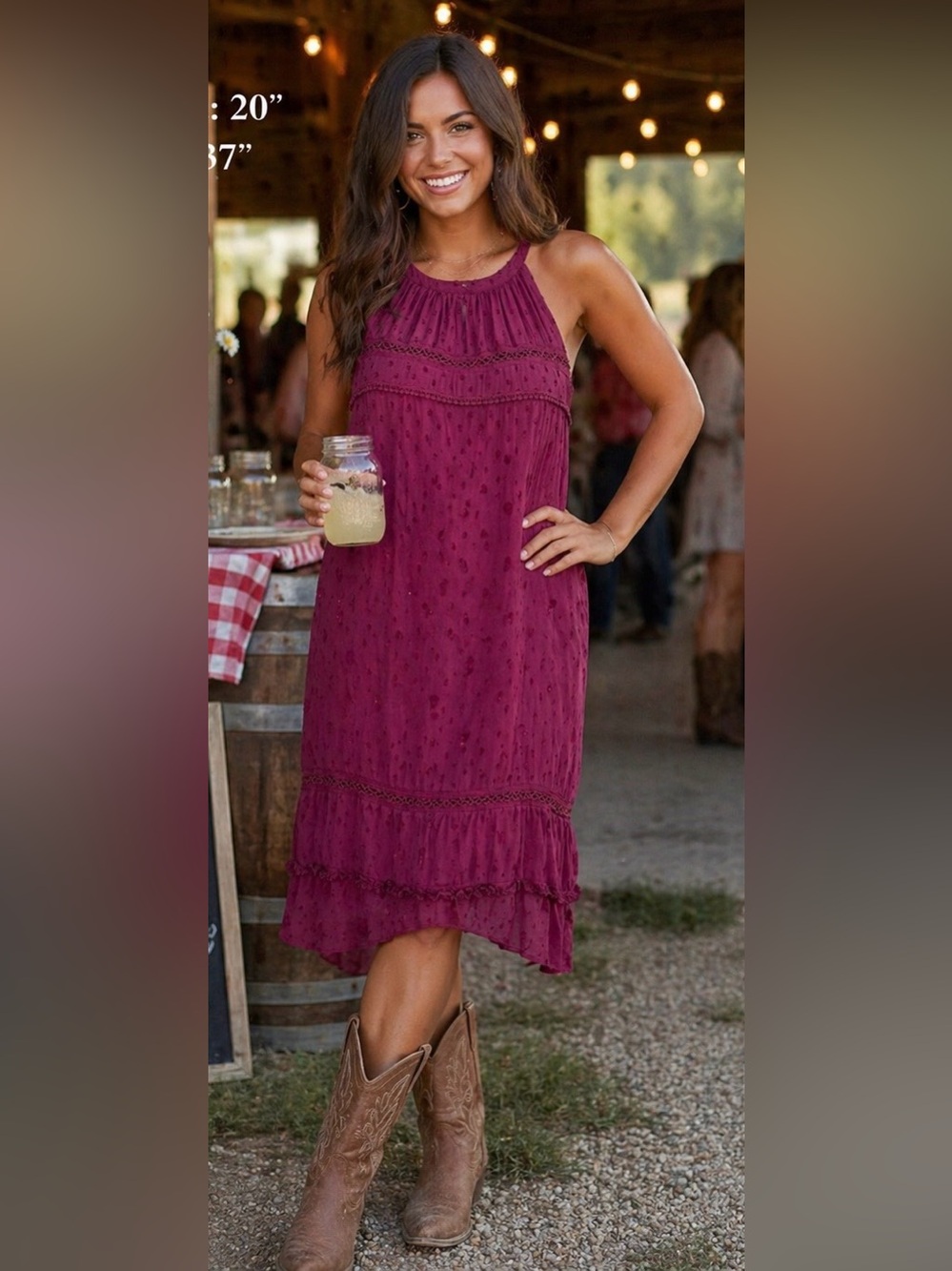 LOFT Pink Magenta Swiss Dot Halter Shift Midi Dress L Boho Country Party Summer